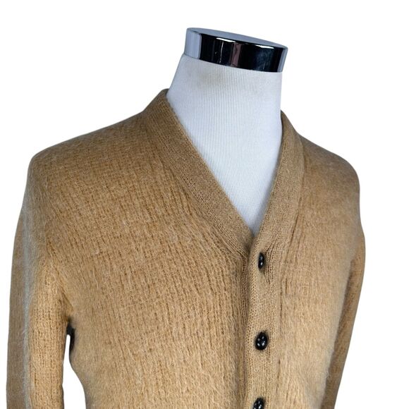 Vintage Revere Cardigan Kurt Cobain Mohair Sweater Mens Medium Tan 60s Elbow Pad - Picture 2 of 12